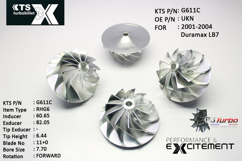 Turbo ROUE FORGÉE MFS PERFORMANCE - 11+0 PALES - INDUCER : 60,65 - EXDUCER : 82,05 - TYPE : RHG6ANGLE : 50° - ROTATION : Forward - SUPER BACK : 5,36 - BORE SIZE : 7,7

